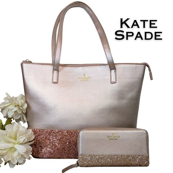 Kate Spade Greta Court Tote Bag + Zip Wallet Set Rose Gold Glitter Pink Leather - Picture 1 of 12